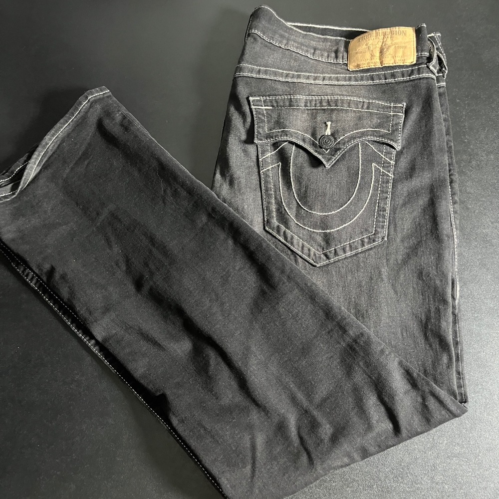 True Religion Straight Flap Jeans Mens 42 Black Solid Contrast Stitching